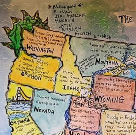 USA Handmade Map cartography painting watercolor pen & ink Earth Day - Picture 14 of 16